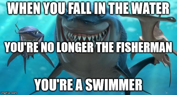 Fish are friends not food | WHEN YOU FALL IN THE WATER YOU'RE A SWIMMER YOU'RE NO LONGER THE FISHERMAN | image tagged in fish are friends not food | made w/ Imgflip meme maker