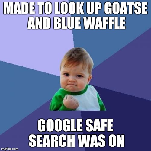 MADE TO LOOK UP GOATSE AND BLUE WAFFLE GOOGLE SAFE SEARCH WAS ON | image tagged in memes,success kid | made w/ Imgflip meme maker