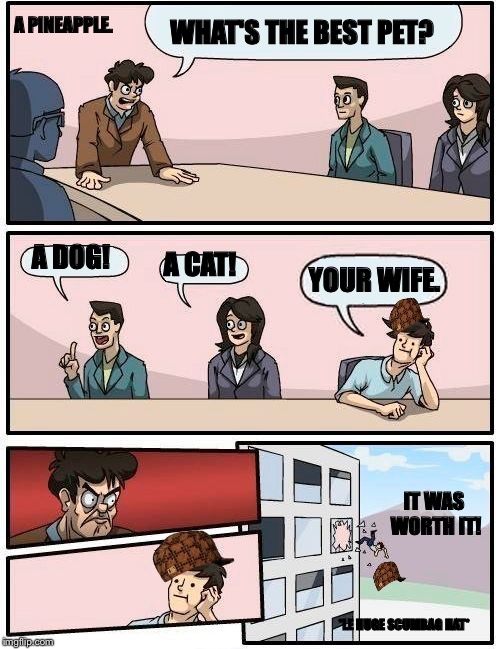 Boardroom Meeting Suggestion | WHAT'S THE BEST PET? A DOG! A CAT! YOUR WIFE. A PINEAPPLE. IT WAS WORTH IT! *LE HUGE SCUMBAG HAT* | image tagged in memes,boardroom meeting suggestion,scumbag | made w/ Imgflip meme maker