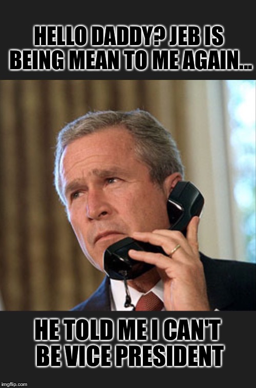 George bush hello daddy | HELLO DADDY? JEB IS BEING MEAN TO ME AGAIN... HE TOLD ME I CAN'T BE VICE PRESIDENT | image tagged in george bush hello daddy | made w/ Imgflip meme maker