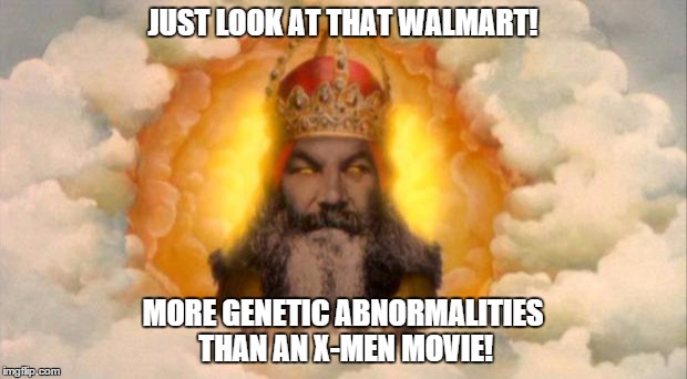 monty python god | JUST LOOK AT THAT WALMART! MORE GENETIC ABNORMALITIES THAN AN X-MEN MOVIE! | image tagged in monty python god | made w/ Imgflip meme maker