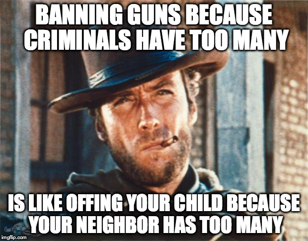 MULTI-INSULTER | BANNING GUNS BECAUSE CRIMINALS HAVE TOO MANY IS LIKE OFFING YOUR CHILD BECAUSE YOUR NEIGHBOR HAS TOO MANY | image tagged in clint eastwood | made w/ Imgflip meme maker