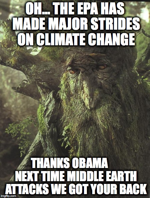 Tree Beard | OH... THE EPA HAS MADE MAJOR STRIDES ON CLIMATE CHANGE THANKS OBAMA  NEXT TIME MIDDLE EARTH ATTACKS WE GOT YOUR BACK | image tagged in tree beard | made w/ Imgflip meme maker
