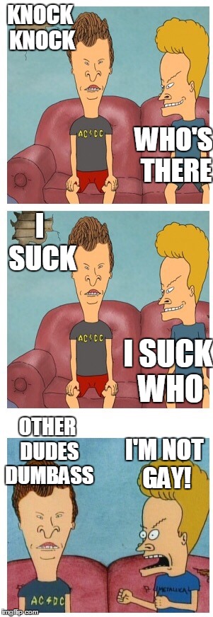 Beavis is straight | KNOCK KNOCK WHO'S THERE I SUCK I SUCK WHO OTHER DUDES DUMBASS I'M NOT GAY! | image tagged in frustrated beavis,memes | made w/ Imgflip meme maker