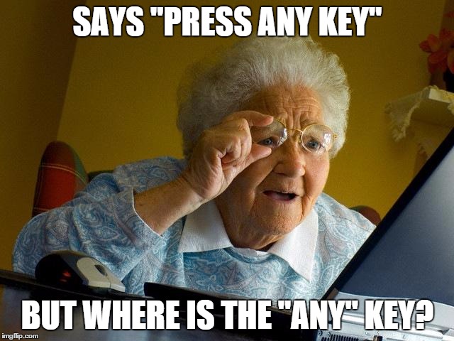 Grandma Finds The Internet | SAYS "PRESS ANY KEY" BUT WHERE IS THE "ANY" KEY? | image tagged in memes,grandma finds the internet | made w/ Imgflip meme maker