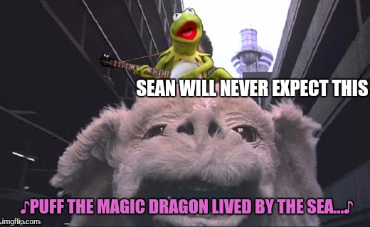 Aerial singing sky attack, via luckdragon from Fantastica. Your move, Connery. | SEAN WILL NEVER EXPECT THIS ♪PUFF THE MAGIC DRAGON LIVED BY THE SEA...♪ | image tagged in sean connery  kermit,never ending story,kermit the frog | made w/ Imgflip meme maker