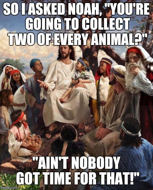 Story Time Jesus | SO I ASKED NOAH, "YOU'RE GOING TO COLLECT TWO OF EVERY ANIMAL?" "AIN'T NOBODY GOT TIME FOR THAT!" | image tagged in story time jesus | made w/ Imgflip meme maker