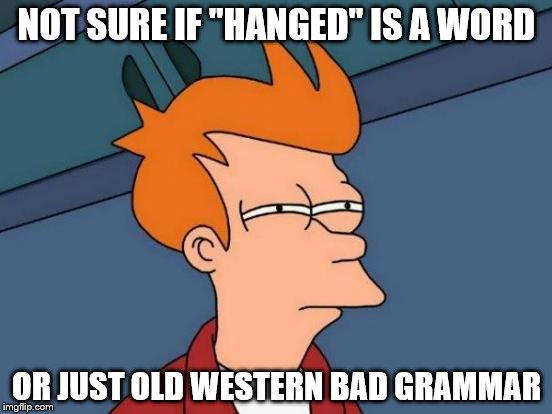 1st World Problems | NOT SURE IF "HANGED" IS A WORD OR JUST OLD WESTERN BAD GRAMMAR | image tagged in memes,futurama fry | made w/ Imgflip meme maker