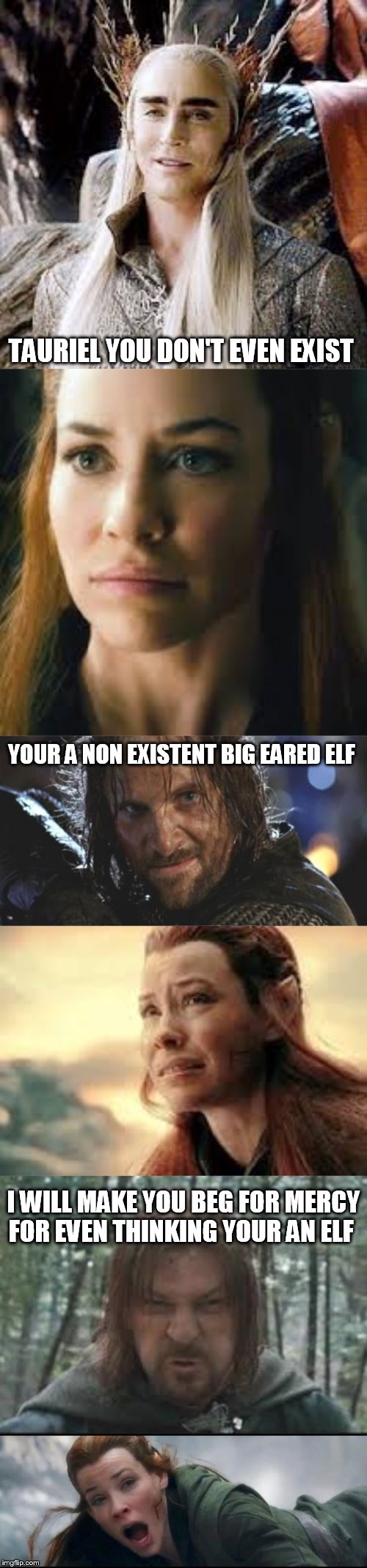 you don't even exist | TAURIEL YOU DON'T EVEN EXIST I WILL MAKE YOU BEG FOR MERCY FOR EVEN THINKING YOUR AN ELF YOUR A NON EXISTENT BIG EARED ELF | image tagged in the hobbit,the lord of the rings | made w/ Imgflip meme maker