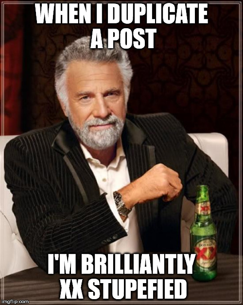 The Most Interesting Man In The World | WHEN I DUPLICATE A POST I'M BRILLIANTLY XX STUPEFIED | image tagged in memes,the most interesting man in the world | made w/ Imgflip meme maker
