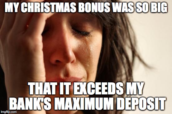 First World Problems | MY CHRISTMAS BONUS WAS SO BIG THAT IT EXCEEDS MY BANK'S MAXIMUM DEPOSIT | image tagged in memes,first world problems | made w/ Imgflip meme maker
