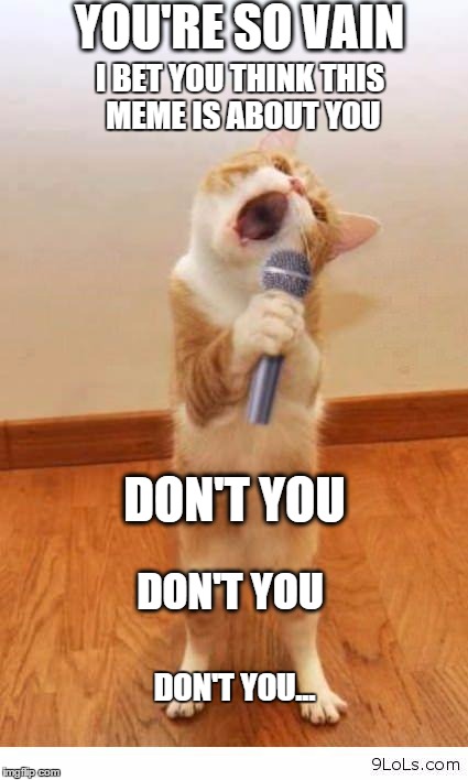 my meme aint about you, aint about you, aint about you... | YOU'RE SO VAIN I BET YOU THINK THIS MEME IS ABOUT YOU DON'T YOU DON'T YOU DON'T YOU... | image tagged in cat singer,meme,mean while on imgflip,overly paranoid | made w/ Imgflip meme maker