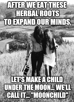 AFTER WE EAT THESE HERBAL ROOTS TO EXPAND OUR MINDS, LET'S MAKE A CHILD UNDER THE MOON... WE'LL CALL IT... "MOONCHILD" | made w/ Imgflip meme maker