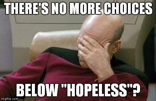 Captain Picard Facepalm Meme | THERE'S NO MORE CHOICES BELOW "HOPELESS"? | image tagged in memes,captain picard facepalm | made w/ Imgflip meme maker