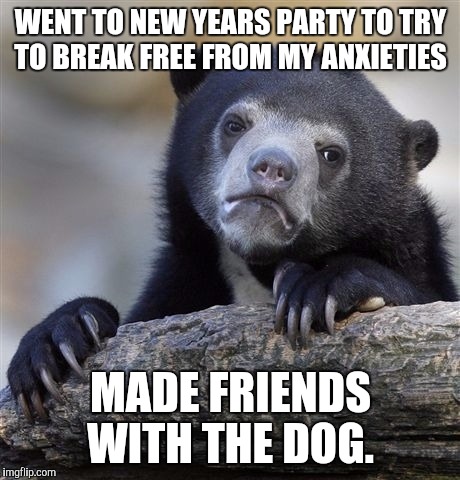 Confession Bear | WENT TO NEW YEARS PARTY TO TRY TO BREAK FREE FROM MY ANXIETIES MADE FRIENDS WITH THE DOG. | image tagged in memes,confession bear | made w/ Imgflip meme maker