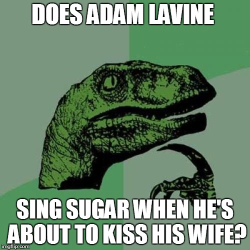 Philosoraptor | DOES ADAM LAVINE SING SUGAR WHEN HE'S ABOUT TO KISS HIS WIFE? | image tagged in memes,philosoraptor | made w/ Imgflip meme maker