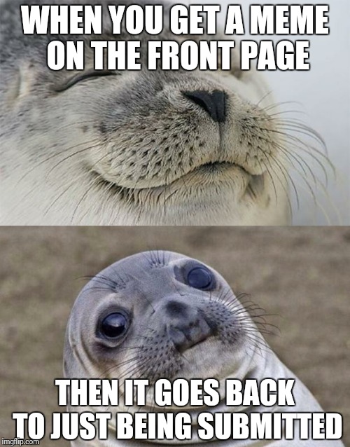 Short Satisfaction VS Truth | WHEN YOU GET A MEME ON THE FRONT PAGE THEN IT GOES BACK TO JUST BEING SUBMITTED | image tagged in memes,short satisfaction vs truth | made w/ Imgflip meme maker