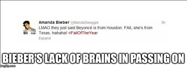 Amanda Bieber is stupid  | BIEBER'S LACK OF BRAINS IN PASSING ON | image tagged in funny,amanda bieber on twitter | made w/ Imgflip meme maker