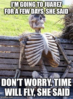 Waiting Skeleton Meme | I'M GOING TO JUAREZ FOR A FEW DAYS, SHE SAID DON'T WORRY. TIME WILL FLY, SHE SAID | image tagged in memes,waiting skeleton | made w/ Imgflip meme maker