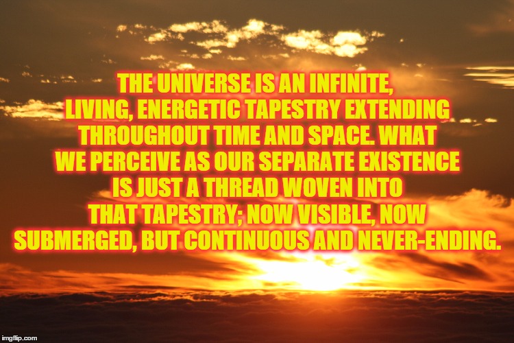 THE UNIVERSE IS AN INFINITE, LIVING, ENERGETIC TAPESTRY EXTENDING THROUGHOUT TIME AND SPACE. WHAT WE PERCEIVE AS OUR SEPARATE EXISTENCE IS J | image tagged in spirituality | made w/ Imgflip meme maker