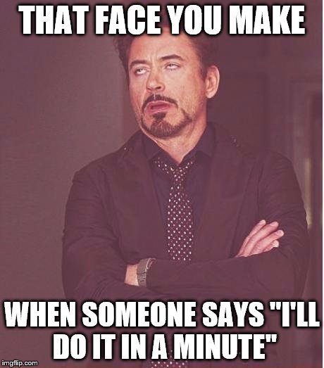 Face You Make Robert Downey Jr Meme | THAT FACE YOU MAKE WHEN SOMEONE SAYS "I'LL DO IT IN A MINUTE" | image tagged in memes,face you make robert downey jr | made w/ Imgflip meme maker