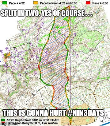 SPLIT IN TWO. YES OF COURSE . . . THIS IS GONNA HURT #NIN3DAYS | image tagged in orienteering route choice | made w/ Imgflip meme maker