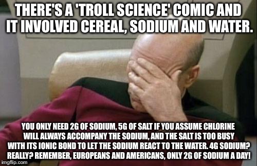 Ionic and ironic. | THERE'S A 'TROLL SCIENCE' COMIC AND IT INVOLVED CEREAL, SODIUM AND WATER. YOU ONLY NEED 2G OF SODIUM, 5G OF SALT IF YOU ASSUME CHLORINE WILL | image tagged in memes,captain picard facepalm | made w/ Imgflip meme maker
