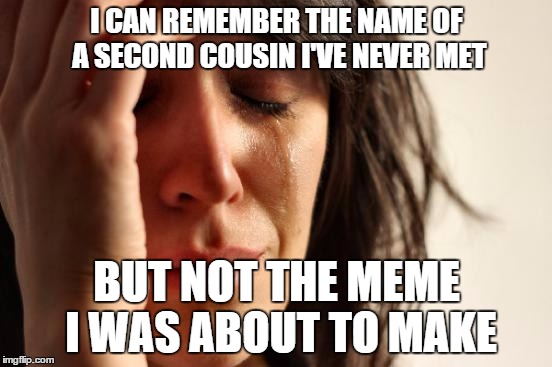Ironically, this is the only meme I remembered... | I CAN REMEMBER THE NAME OF A SECOND COUSIN I'VE NEVER MET BUT NOT THE MEME I WAS ABOUT TO MAKE | image tagged in memes,first world problems | made w/ Imgflip meme maker
