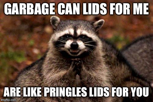 Evil Plotting Raccoon Meme | GARBAGE CAN LIDS FOR ME ARE LIKE PRINGLES LIDS FOR YOU | image tagged in memes,evil plotting raccoon | made w/ Imgflip meme maker