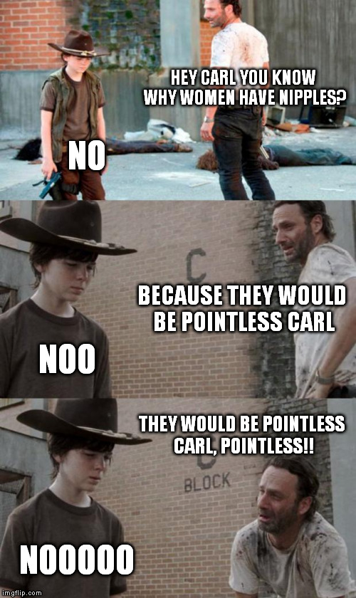 Rick and Carl 3 | HEY CARL YOU KNOW WHY WOMEN HAVE NIPPLES? NO BECAUSE THEY WOULD BE POINTLESS CARL NOO THEY WOULD BE POINTLESS CARL, POINTLESS!! NOOOOO | image tagged in memes,rick and carl 3 | made w/ Imgflip meme maker