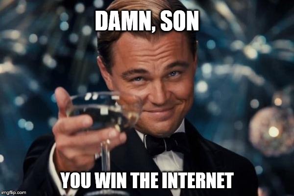 Leonardo Dicaprio Cheers Meme | DAMN, SON YOU WIN THE INTERNET | image tagged in memes,leonardo dicaprio cheers | made w/ Imgflip meme maker
