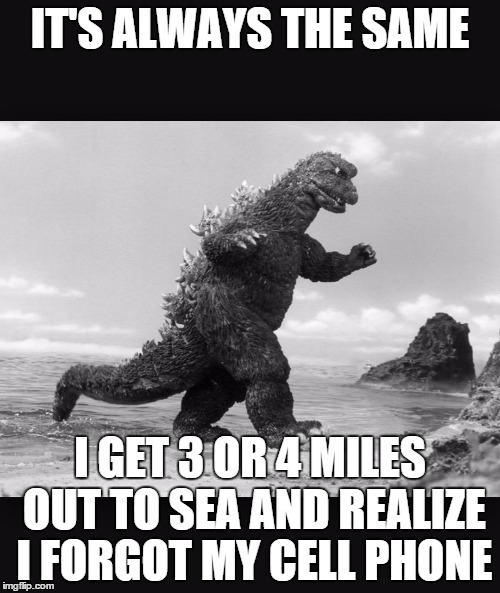Godzilla  | IT'S ALWAYS THE SAME I GET 3 OR 4 MILES OUT TO SEA AND REALIZE I FORGOT MY CELL PHONE | image tagged in godzilla | made w/ Imgflip meme maker