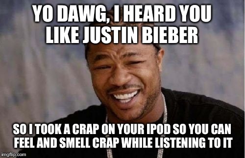 Yo Dawg Heard You Meme | YO DAWG, I HEARD YOU LIKE JUSTIN BIEBER SO I TOOK A CRAP ON YOUR IPOD SO YOU CAN FEEL AND SMELL CRAP WHILE LISTENING TO IT | image tagged in memes,yo dawg heard you | made w/ Imgflip meme maker