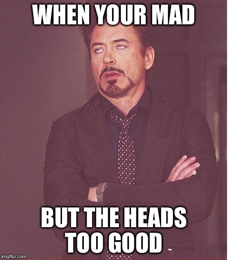 Face You Make Robert Downey Jr | WHEN YOUR MAD BUT THE HEADS TOO GOOD | image tagged in memes,face you make robert downey jr | made w/ Imgflip meme maker