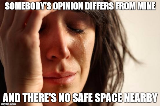 First World Problems Meme | SOMEBODY'S OPINION DIFFERS FROM MINE AND THERE'S NO SAFE SPACE NEARBY | image tagged in memes,first world problems | made w/ Imgflip meme maker