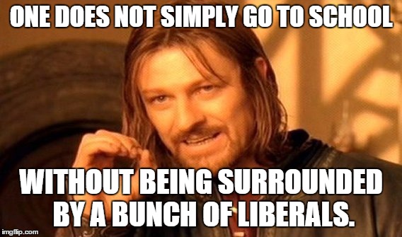 One Does Not Simply Meme | ONE DOES NOT SIMPLY GO TO SCHOOL WITHOUT BEING SURROUNDED BY A BUNCH OF LIBERALS. | image tagged in memes,one does not simply | made w/ Imgflip meme maker