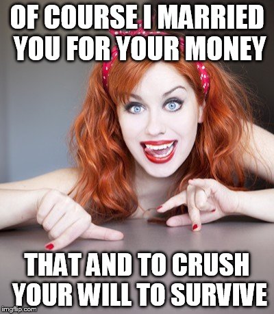 OF COURSE I MARRIED YOU FOR YOUR MONEY THAT AND TO CRUSH YOUR WILL TO SURVIVE | made w/ Imgflip meme maker