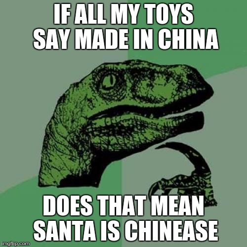 Philosoraptor | IF ALL MY TOYS SAY MADE IN CHINA DOES THAT MEAN SANTA IS CHINEASE | image tagged in memes,philosoraptor | made w/ Imgflip meme maker