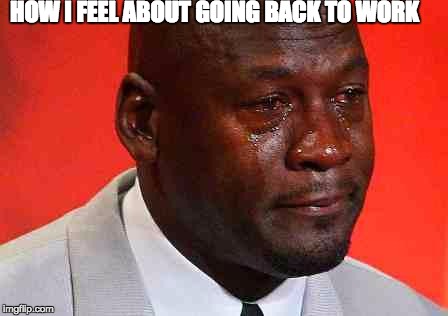 crying michael jordan | HOW I FEEL ABOUT GOING BACK TO WORK | image tagged in crying michael jordan | made w/ Imgflip meme maker