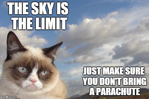 Grumpy Cat Sky Meme | THE SKY IS THE LIMIT JUST MAKE SURE YOU DON'T BRING A PARACHUTE | image tagged in memes,grumpy cat sky,grumpy cat | made w/ Imgflip meme maker