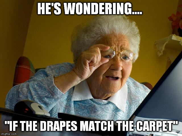 Grandma Finds The Internet Meme | HE'S WONDERING.... "IF THE DRAPES MATCH THE CARPET" | image tagged in memes,grandma finds the internet | made w/ Imgflip meme maker