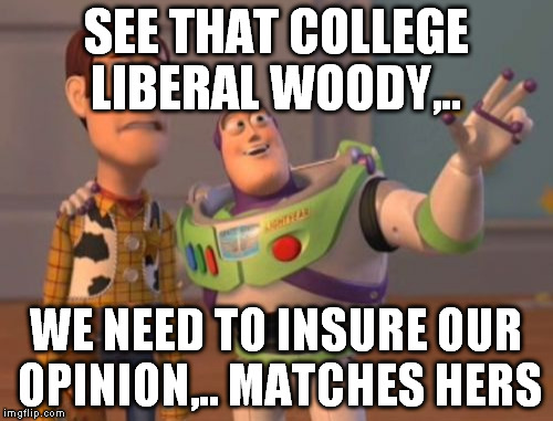 X, X Everywhere Meme | SEE THAT COLLEGE LIBERAL WOODY,.. WE NEED TO INSURE OUR OPINION,.. MATCHES HERS | image tagged in memes,x x everywhere | made w/ Imgflip meme maker