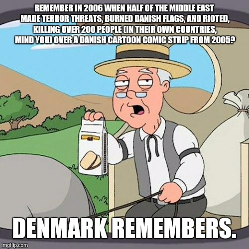 "Islam is a religion of peace" "Denmark should let in more asylum seekers" "Denmark shouldn't turn away these people in need" | REMEMBER IN 2006 WHEN HALF OF THE MIDDLE EAST MADE TERROR THREATS, BURNED DANISH FLAGS, AND RIOTED, KILLING OVER 200 PEOPLE (IN THEIR OWN CO | image tagged in memes,pepperidge farm remembers | made w/ Imgflip meme maker