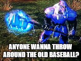 ANYONE WANNA THROW AROUND THE OLD BASEBALL? | image tagged in halo,baseball,halo wars,brute | made w/ Imgflip meme maker