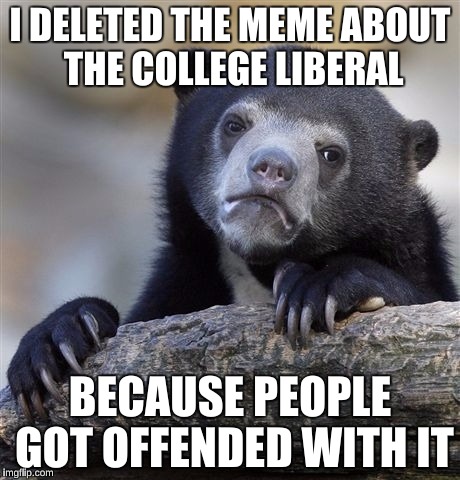 I'm the person with the meme about giving children Ritalin instead of spanking | I DELETED THE MEME ABOUT THE COLLEGE LIBERAL BECAUSE PEOPLE GOT OFFENDED WITH IT | image tagged in memes,confession bear,college liberal | made w/ Imgflip meme maker