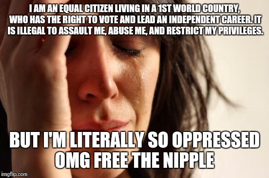 modern feminists be like  | I AM AN EQUAL CITIZEN LIVING IN A 1ST WORLD COUNTRY, WHO HAS THE RIGHT TO VOTE AND LEAD AN INDEPENDENT CAREER. IT IS ILLEGAL TO ASSAULT ME,  | image tagged in memes,first world problems | made w/ Imgflip meme maker