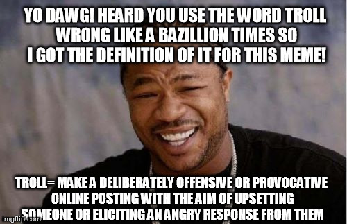 A lot of people, A LOT, use troll wrong everyday... | YO DAWG! HEARD YOU USE THE WORD TROLL WRONG LIKE A BAZILLION TIMES SO I GOT THE DEFINITION OF IT FOR THIS MEME! TROLL= MAKE A DELIBERATELY O | image tagged in memes,yo dawg heard you | made w/ Imgflip meme maker