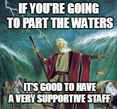 Moses Offers a Pun | IF YOU'RE GOING TO PART THE WATERS IT'S GOOD TO HAVE A VERY SUPPORTIVE STAFF | image tagged in moses,funny memes,puns | made w/ Imgflip meme maker