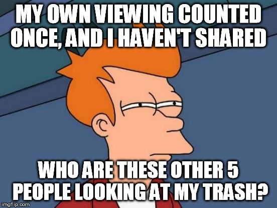 Futurama Fry Meme | MY OWN VIEWING COUNTED ONCE, AND I HAVEN'T SHARED WHO ARE THESE OTHER 5 PEOPLE LOOKING AT MY TRASH? | image tagged in memes,futurama fry | made w/ Imgflip meme maker