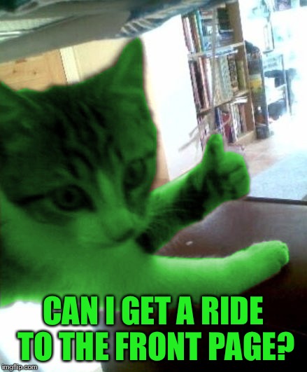 thumbs up RayCat | CAN I GET A RIDE TO THE FRONT PAGE? | image tagged in thumbs up raycat | made w/ Imgflip meme maker